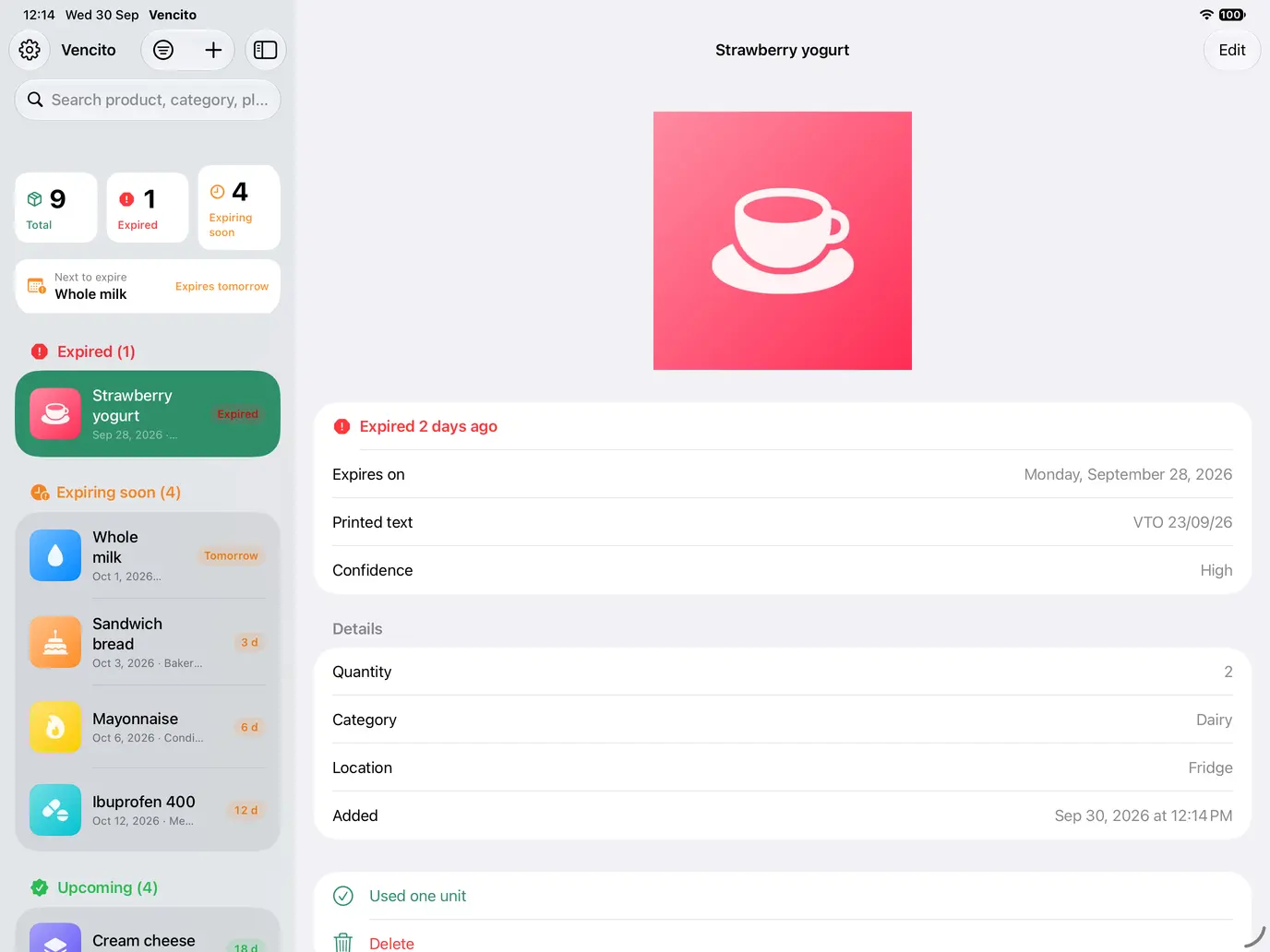 Vencito on iPad: product list on the left and the selected product on the right