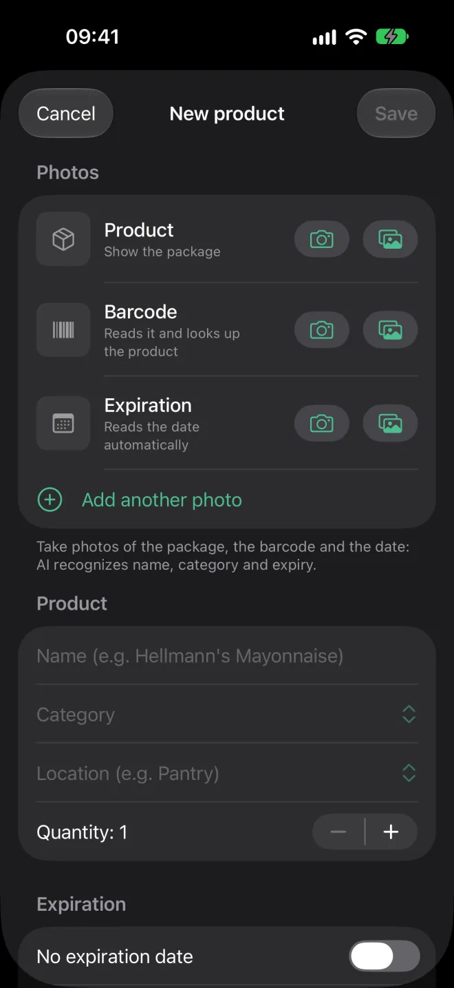 Form to add a product with photo, name, category and date