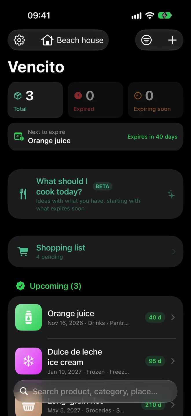Product list of one home: the home menu at the top and only that home’s products