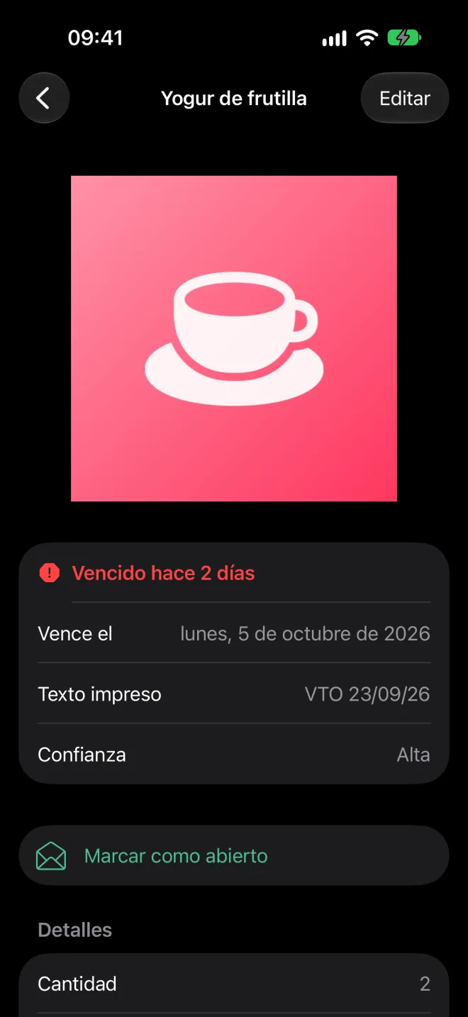 Detalle de un producto con su foto, fecha de vencimiento, categoría y ubicación