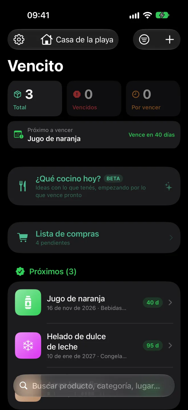Lista de productos de una casa: el menú de casa arriba y solo los productos de esa casa