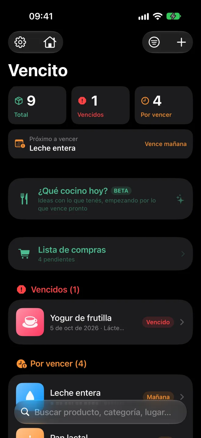 Lista de productos en Vencito: resumen con total, vencidos y por vencer, y productos agrupados por estado con su miniatura