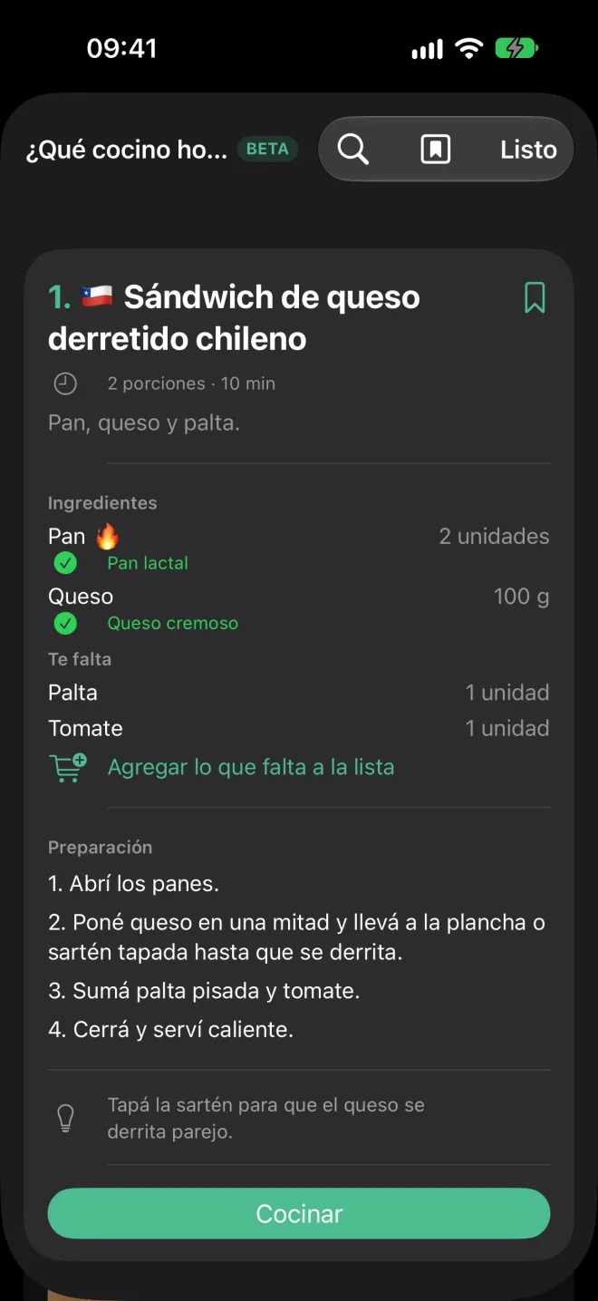 Idea de receta con los productos que tenés: ingredientes que ya tenés, los que te faltan y los pasos